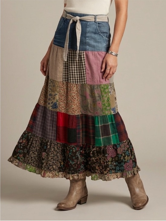 Young Threads Dresses & Skirts - NWT: Young Threads Denim Mixed Patchwork Tie Waist Maxi Skirt